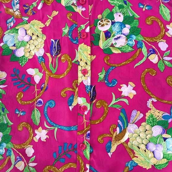 VTG Diane Von Furstenberg XL 100% Silk Button Up Blouse Floral Tropical Resort - Picture 5 of 16